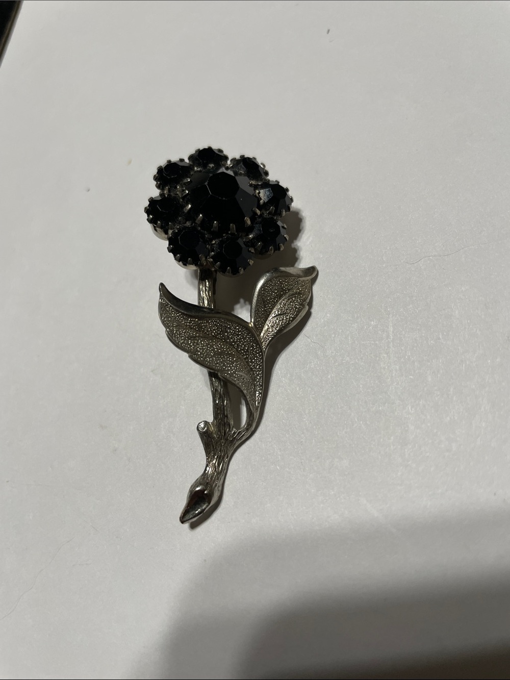 Vintage Black Rhinestone Flower Brooch - Silver Tone Stem. Ms P